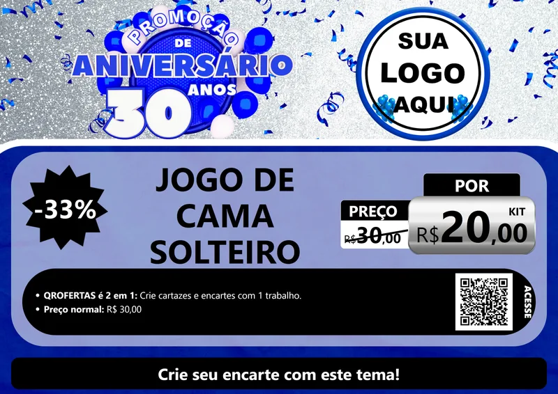 Modelo de Cartaz para Cartaz A4 Horizontal com o tema Promoção de Aniversário - 30 Anos para Cama, Mesa e Banho