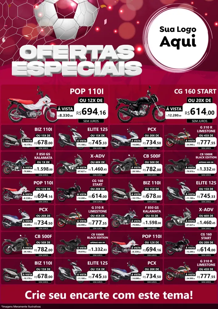 Modelo de Encarte para Encarte A4 Vertical com o tema Ofertas Especiais - Futebol para Concessionaria de Motos