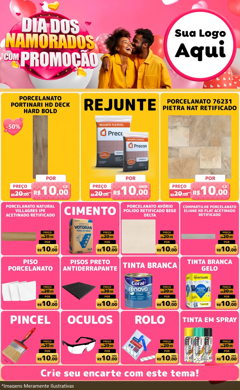Modelo de Encarte para Encarte Grande com o tema Dia dos Namorados com Promoção para Pisos e revestimentos