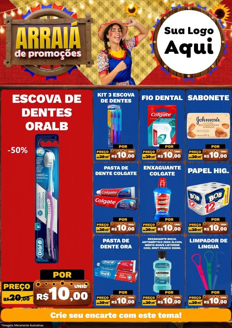 Modelo de Encarte para Encarte A4 Vertical com o tema Arraiá de Promoções para Higiene Pessoal