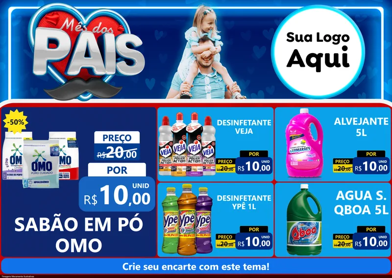 Modelo de Encarte para Encarte A4 Horizontal com o tema Mês Dos Pais para Produtos de Limpeza