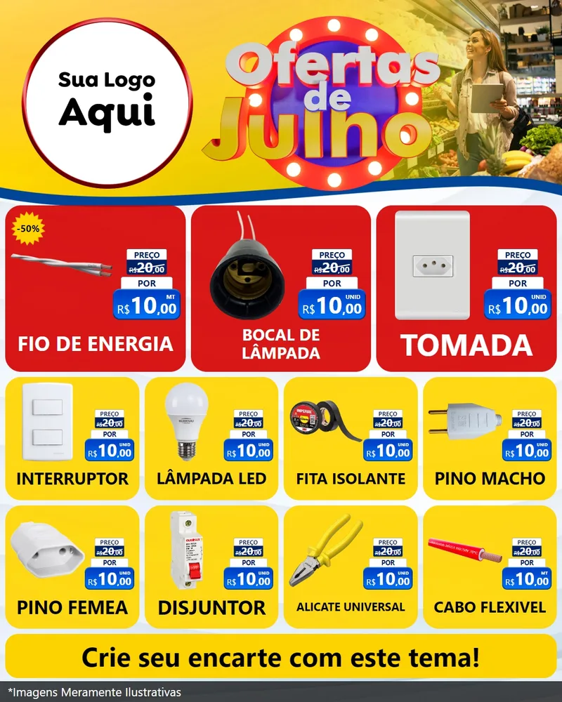 Modelo de Rede Social para Feed Instagram com o tema Ofertas de Julho para Materiais Elétricos