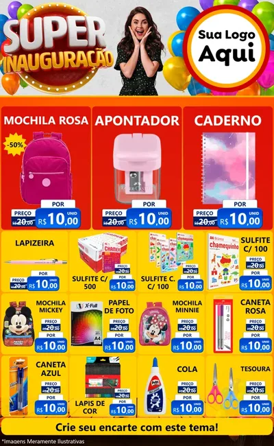 Modelo de Encarte para Encarte Grande com o tema Super Inauguração para Papelaria