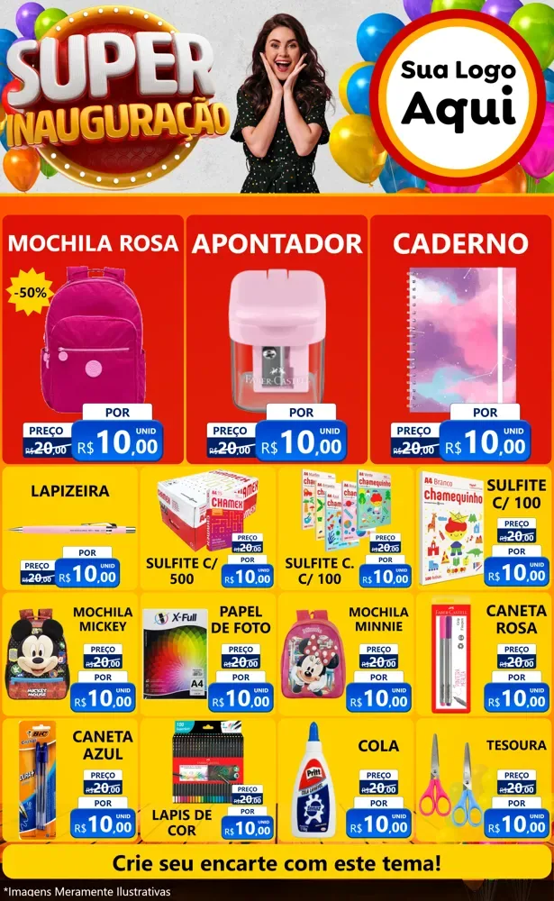 Modelo de Encarte para Encarte Grande com o tema Super Inauguração para Papelaria