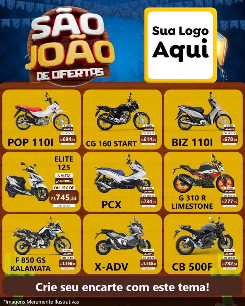 Modelo de Rede Social para Feed Instagram com o tema São João Ofertas Imbatíveis! - Junina para Concessionaria de Motos