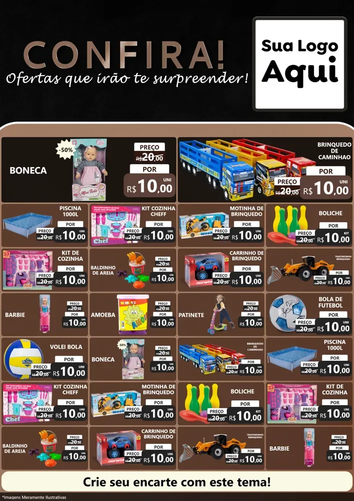 Modelo de Encarte para Encarte A4 Vertical com o tema Confira! Ofertas que irão te surpreender! para Brinquedos