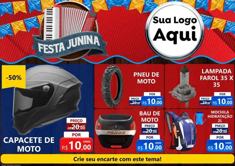 Modelo de Encarte para Encarte A4 Horizontal com o tema Festa Junina para Moto peças