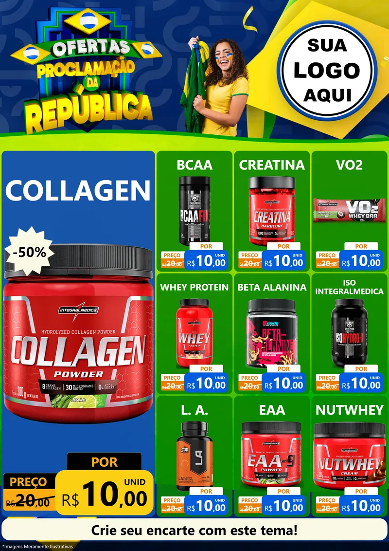 Modelo de Encarte para Encarte A4 Vertical com o tema Ofertas Proclamação da República para Suplementos alimentares