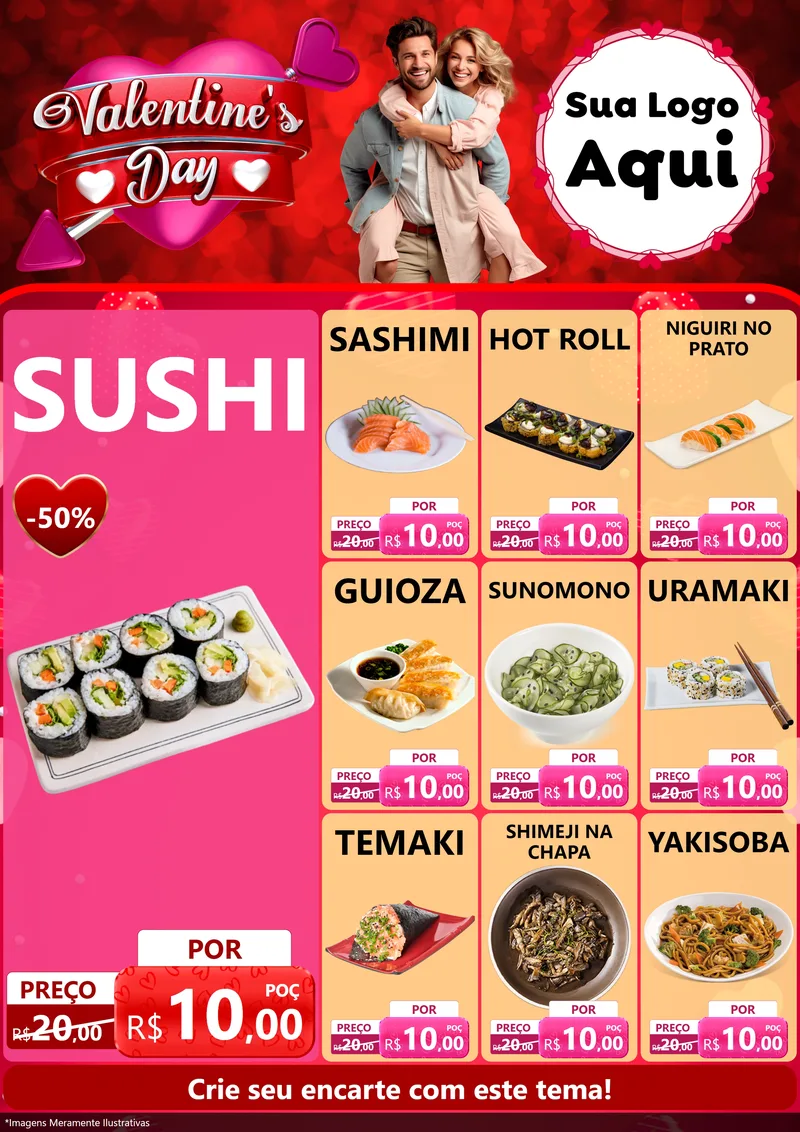 Modelo de Encarte para Encarte A4 Vertical com o tema Valentine's Day para Comida japonesa