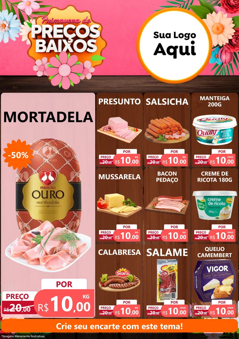 Modelo de Encarte para Encarte A4 Vertical com o tema Primavera de Preços Baixos para Frios e Laticínios