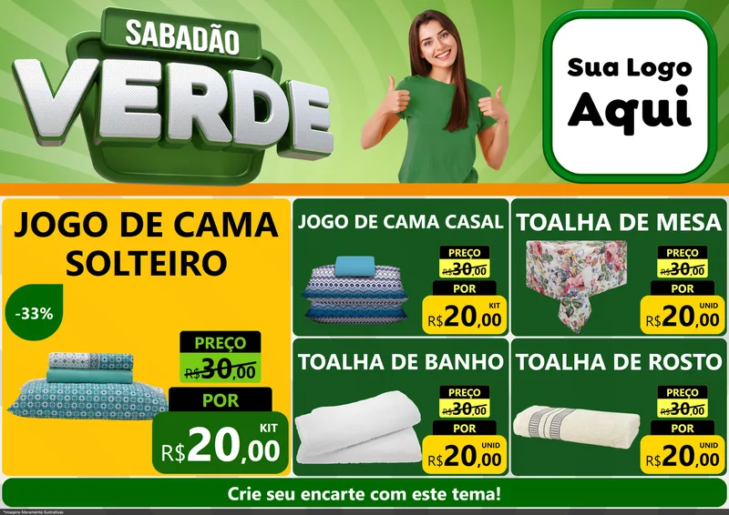 Modelo de Encarte para Encarte A4 Horizontal com o tema Sabadão Verde para Cama, Mesa e Banho