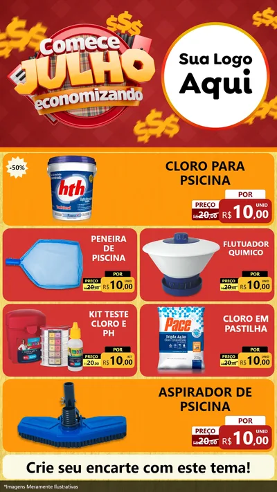Modelo de TV para TV Vertical com o tema Comece Julho Economizando para Produtos para Piscina