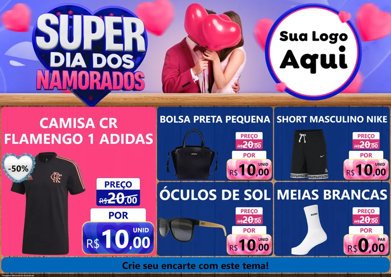 Modelo de Encarte para Encarte A4 Horizontal com o tema Super Dia dos Namorados para Roupas e acessórios