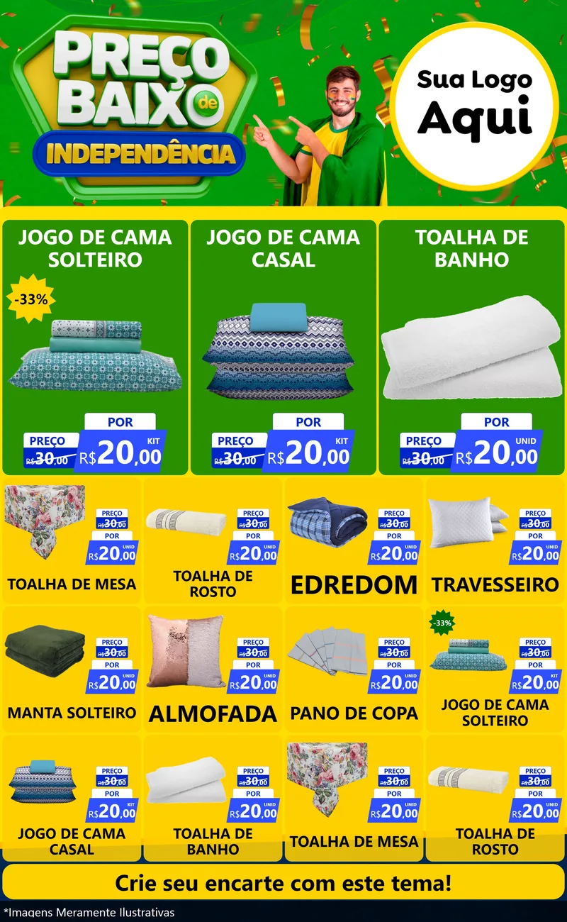 Modelo de Encarte para Encarte Grande com o tema Preço Baixo de Independência para Cama, Mesa e Banho