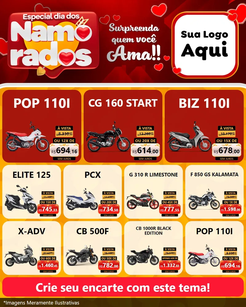Modelo de Rede Social para Feed Instagram com o tema Especial Dia dos Namorados para Concessionaria de Motos