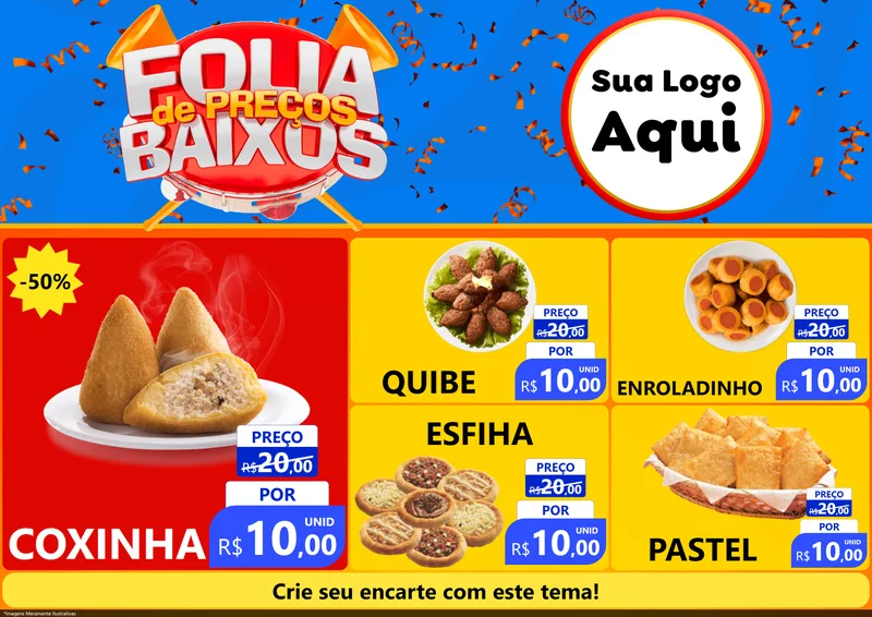 Modelo de Encarte para Encarte A4 Horizontal com o tema Folia de Preços Baixos para Salgadaria