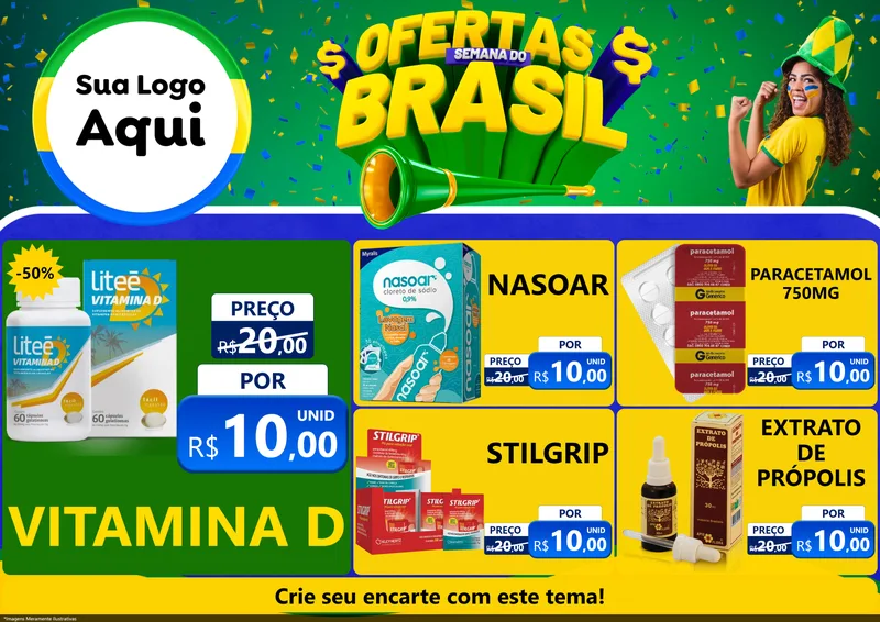 Modelo de Encarte para Encarte A4 Horizontal com o tema Ofertas Semana do Brasil para Farmácia