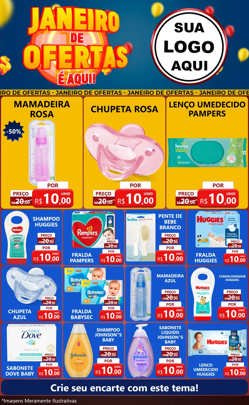 Modelo de Encarte para Encarte Grande com o tema Janeiro de Ofertas É Aqui! para Bebês