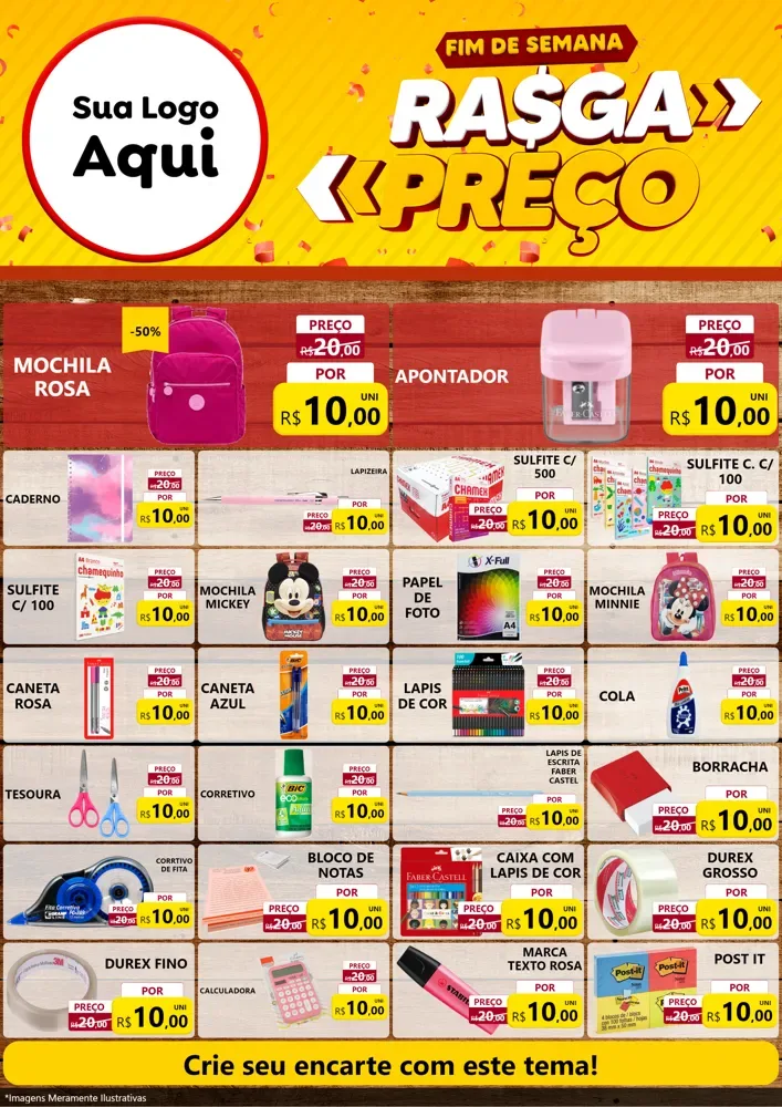 Modelo de Encarte para Encarte A4 Vertical com o tema Fim de Semana Rasga Preços para Papelaria