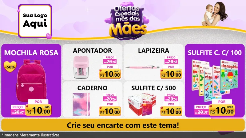 Modelo de TV para TV Horizontal com o tema Ofertas Especiais - Mês das Mães para Papelaria
