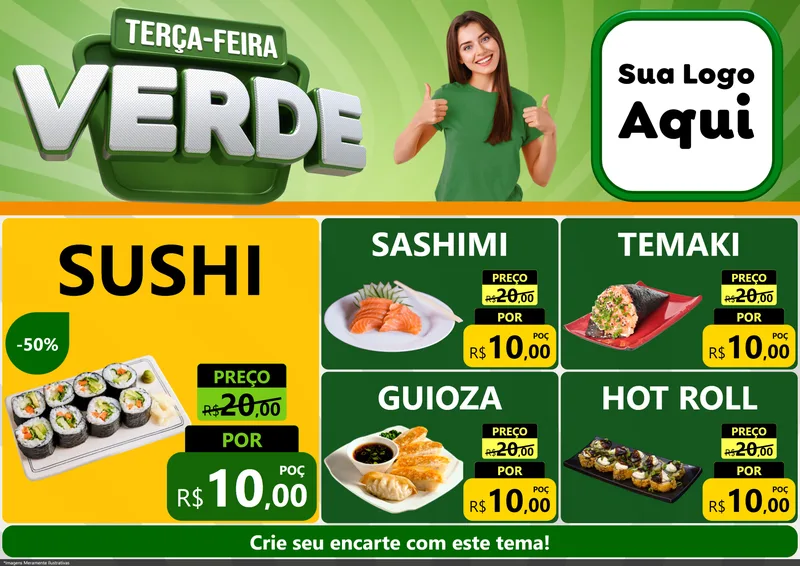 Modelo de Encarte para Encarte A4 Horizontal com o tema Terça - Feira Verde para Comida japonesa