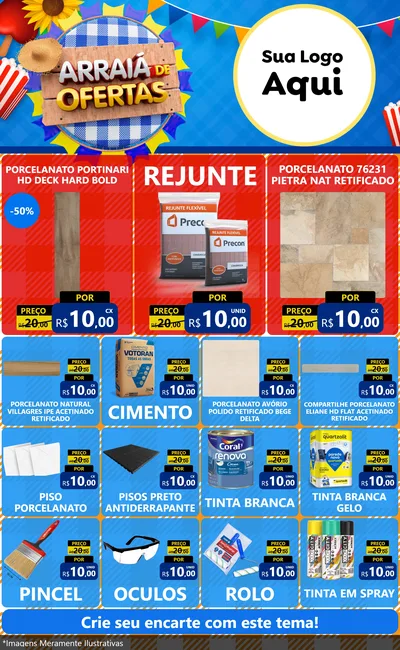 Modelo de Encarte para Encarte Grande com o tema Arraiá de Ofertas para Pisos e revestimentos