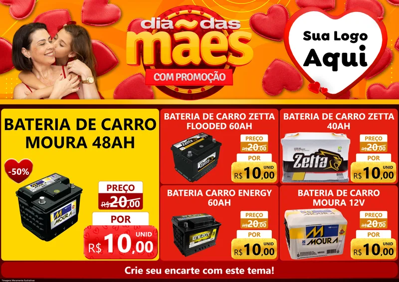 Modelo de Encarte para Encarte A4 Horizontal com o tema Dia das Mães com Promoção para Baterias Elétricas