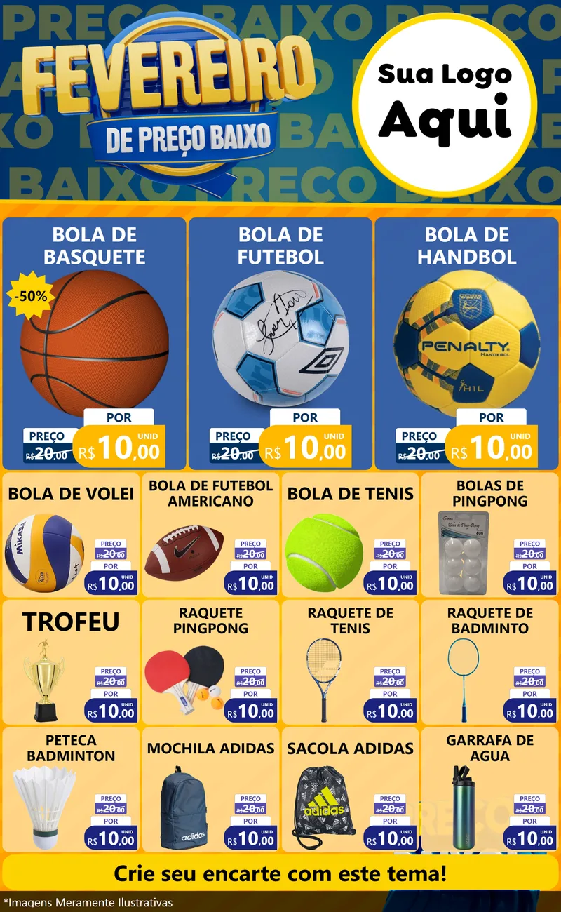 Modelo de Encarte para Encarte Grande com o tema Fevereiro de Preço Baixo para Artigos Esportivos