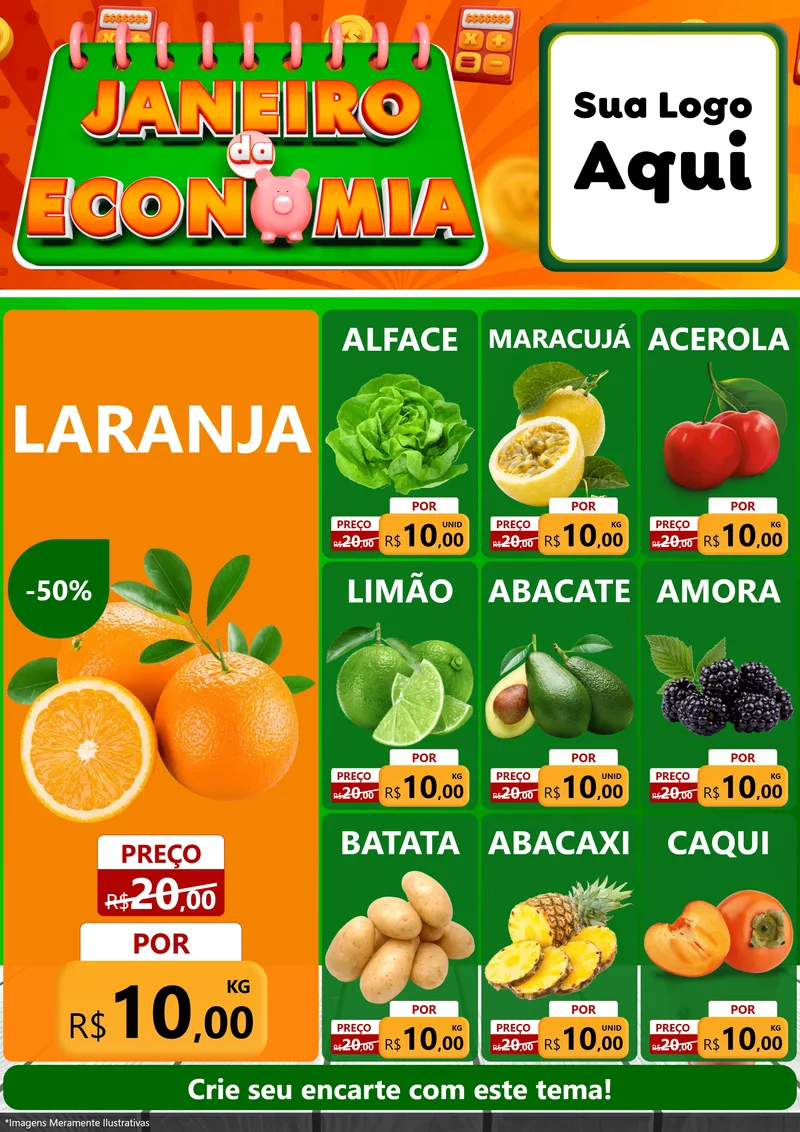 Modelo de Encarte para Encarte A4 Vertical com o tema Janeiro da Economia para Hortifrúti