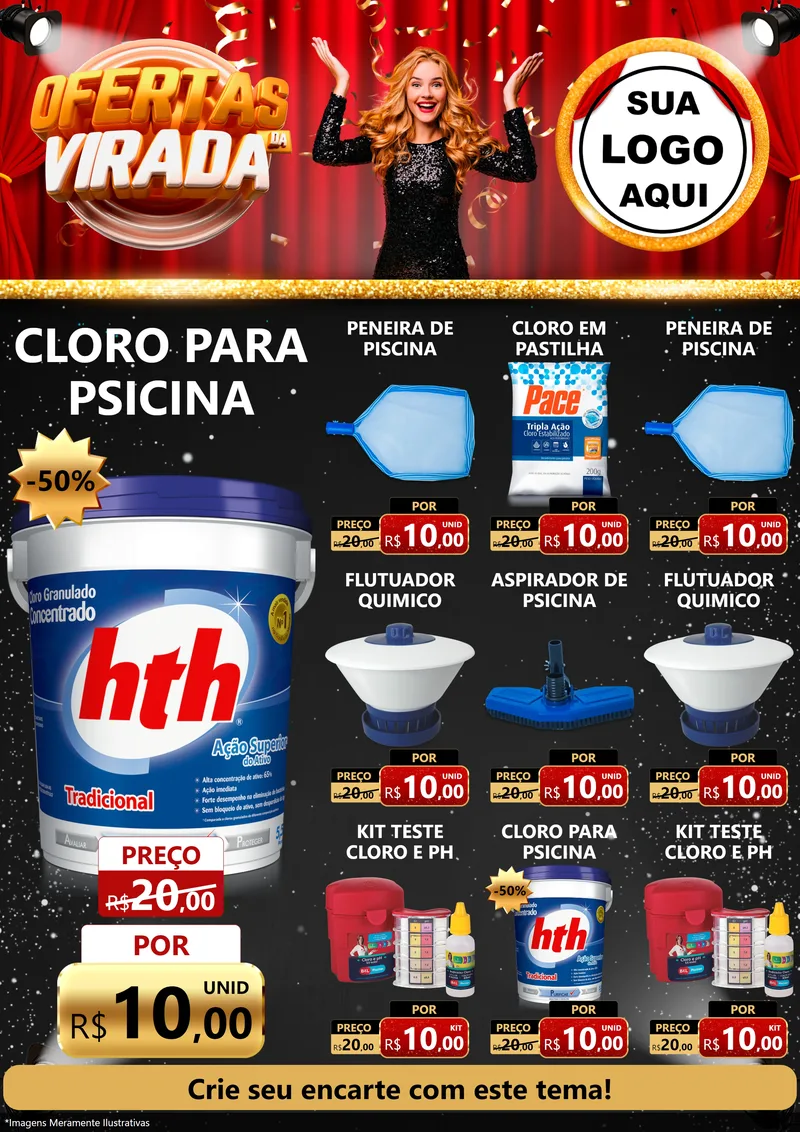 Modelo de Encarte para Encarte A4 Vertical com o tema Ofertas da Virada para Produtos para Piscina