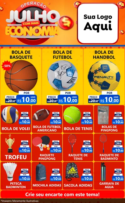 Modelo de Encarte para Encarte Grande com o tema Operação Julho Com Mais Economia para Artigos Esportivos