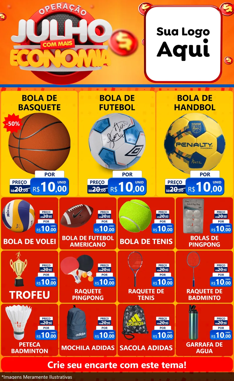 Modelo de Encarte para Encarte Grande com o tema Operação Julho Com Mais Economia para Artigos Esportivos