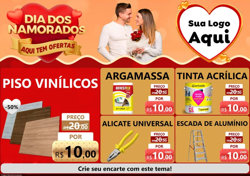 Modelo de Encarte para Encarte A4 Horizontal com o tema Dia dos Namorados - Aqui Tem Ofertas para Material para Construção