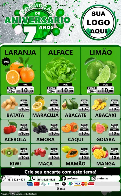 Modelo de Encarte para Encarte Grande com o tema Promoção de Aniversário - 7 Anos para Hortifrúti