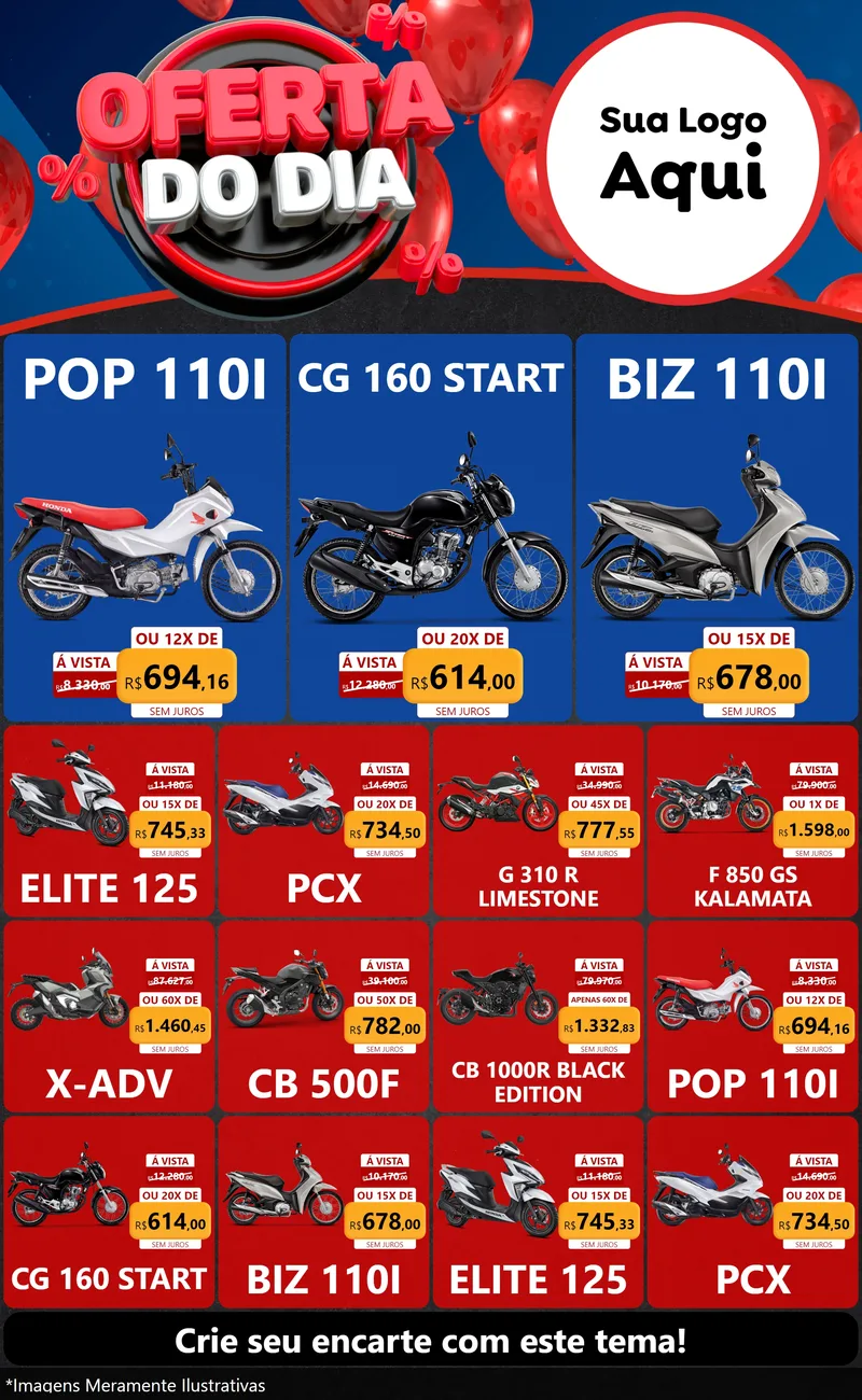 Modelo de Encarte para Encarte Grande com o tema Oferta do Dia para Concessionaria de Motos