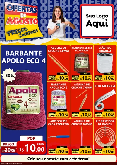 Modelo de Encarte para Encarte A4 Vertical com o tema Ofertas de Agosto - Preços Incríveis para Armarinho e Aviamentos