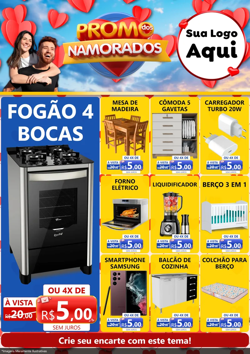 Modelo de Encarte para Encarte A4 Vertical com o tema Promo dos Namorados para Móveis e Eletro