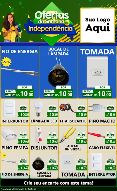 Modelo de Encarte para Encarte Grande com o tema Ofertas da Semana da Independência para Materiais Elétricos