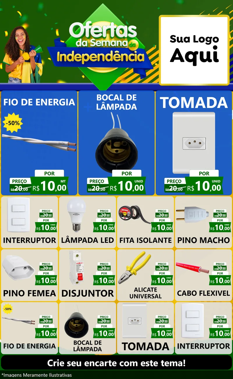 Modelo de Encarte para Encarte Grande com o tema Ofertas da Semana da Independência para Materiais Elétricos