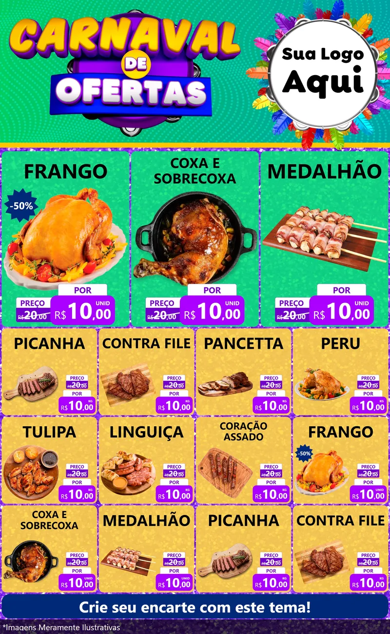 Modelo de Encarte para Encarte Grande com o tema Carnaval de Ofertas para Assados
