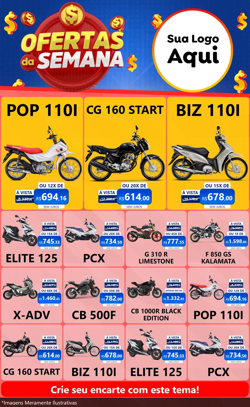 Modelo de Encarte para Encarte Grande com o tema Ofertas Da Semana para Concessionaria de Motos