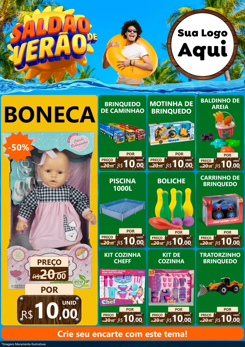 Modelo de Encarte para Encarte A4 Vertical com o tema Saldão de Verão para Brinquedos