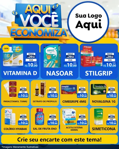 Modelo de Rede Social para Feed Instagram com o tema Aqui Você Economiza para Farmácia