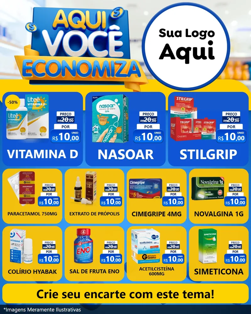 Modelo de Rede Social para Feed Instagram com o tema Aqui Você Economiza para Farmácia