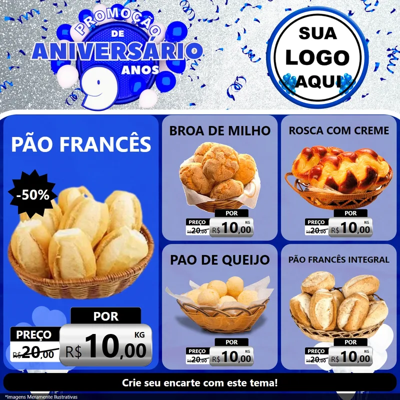 Modelo de Rede Social para Feed Facebook com o tema Promoção de Aniversário - 9 Anos para Padaria