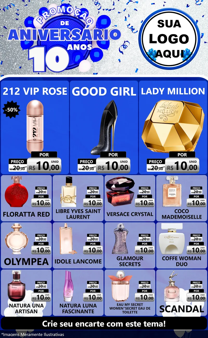 Modelo de Encarte para Encarte Grande com o tema Promoção de Aniversário - 10 Anos para Perfumes