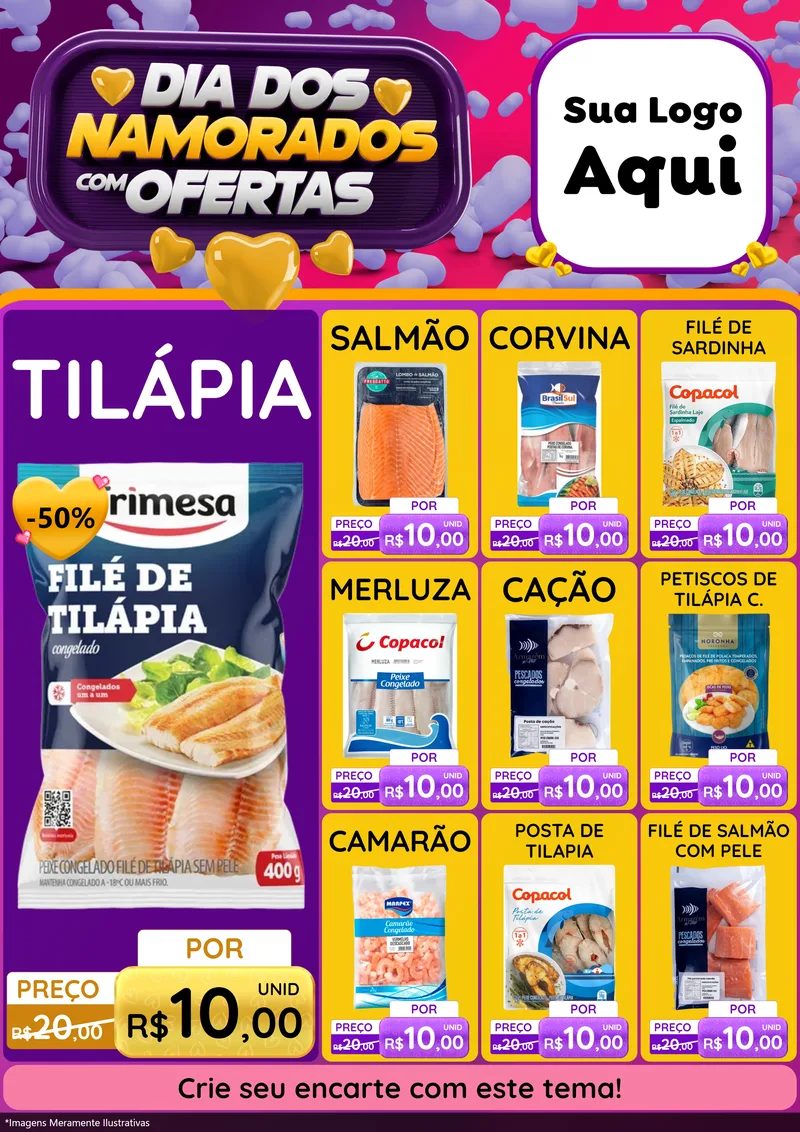 Modelo de Encarte para Encarte A4 Vertical com o tema Dia Dos Namorados Com Ofertas para Peixaria