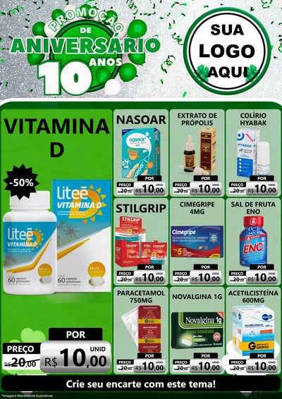 Modelo de Encarte para Encarte A4 Vertical com o tema Promoção de Aniversário - 10 Anos para Farmácia