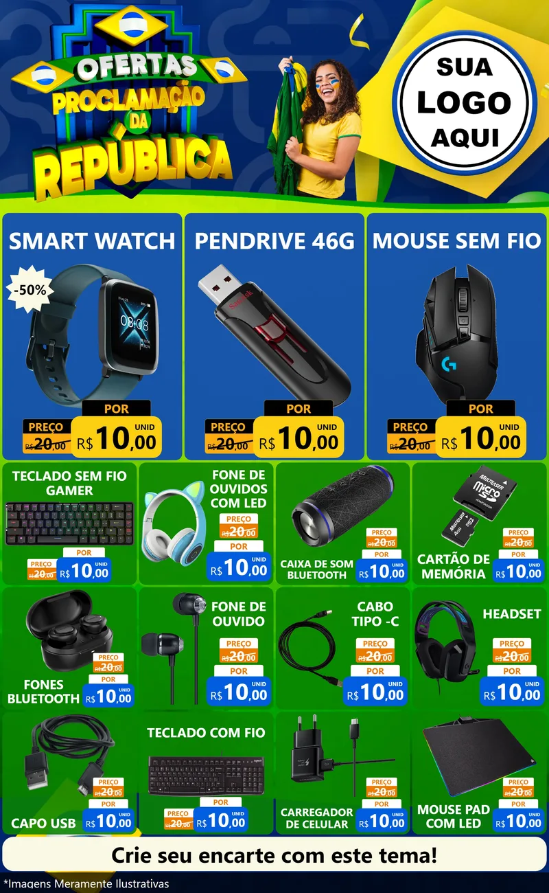 Modelo de Encarte para Encarte Grande com o tema Ofertas Proclamação da República para Informática