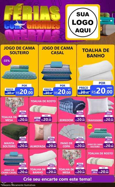 Modelo de Encarte para Encarte Grande com o tema Férias com Grandes Ofertas para Cama, Mesa e Banho